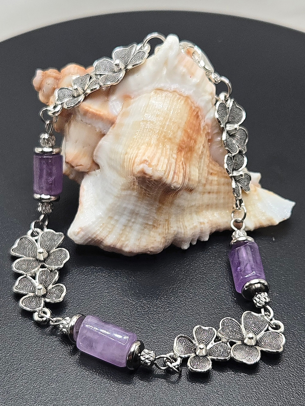 Stainless Steel Floral Bracelet with Purple Amethyst Beads